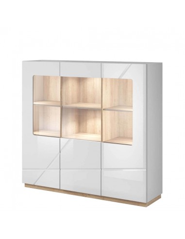 Vitrine en bois, avec 3 portes et LED incluses, Futura 06, Large Blanc / Chêne Riviera, L150xW41xH141 cm Paris Déstockage Promo