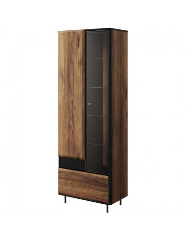 Vitrine en bois, avec 2 portes et 1 tiroir, Borga 02 Small, Chêne Catane / Noir, L70xW41xH197 cm commande en ligne