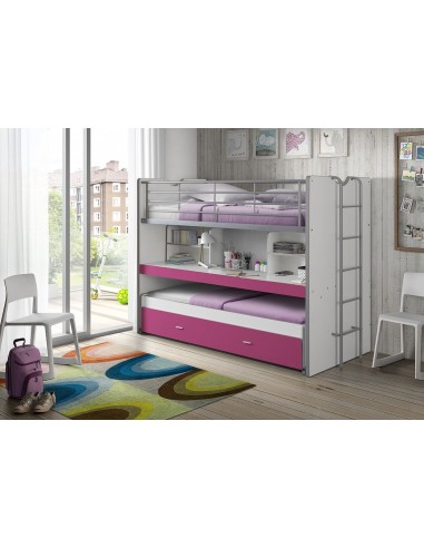 Lit superposé en copain et métal avec bureau et tiroir construits, pour les enfants Bonny White / Fuchsia, 200 x 90 cm 2023