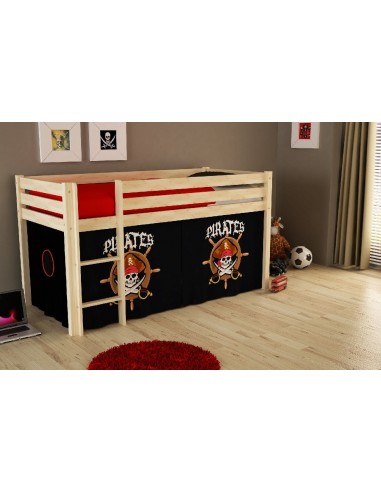 Lit de plancher en bois d'épingle, avec espace de jeu pour enfants naturels Pino Pirates, 200 x 90 cm français