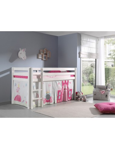 Lit de plancher en bois d'épingle, avec espace de jeu pour enfants Pino Princess White, 200 x 90 cm ou a consommer sur place