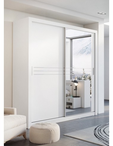 Armoire en bois clair avec 2 portes coulissantes et miroir Idea 12, Blanc Mat, L203xP60xH215 cm l'évolution des habitudes 