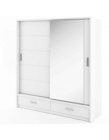 Armoire en bois clair, avec 2 portes coulissantes, 2 tiroirs et miroir Arti 05, Blanc Mat, L200xL63xH215 cm JUSQU'A -70%! 