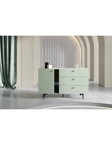 Commode en bois clair avec 1 porte et 3 tiroirs, Coloris Small CS 04, Vert Menthe / Noir, l138xL41xH84 cm sur le site 