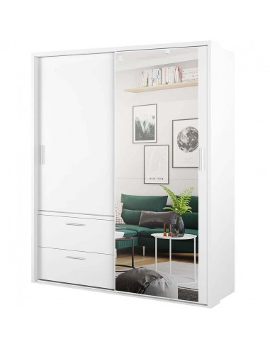 Armoire en bois clair, avec 2 portes coulissantes, 2 tiroirs et miroir Arti 22, Blanc Mat, L180xW63xH215 cm plus qu'un jeu 