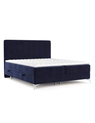 Pat rabatabil cu lada de depozitare, tapitat cu stofa, Aggaz Boxspring Velvet Bleumarin basket pas cher