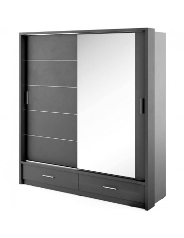 Armoire en bois clair, avec 2 portes coulissantes, 2 tiroirs et miroir Arti 05, Noir Mat, L200xL63xH215 cm Livraison rapide