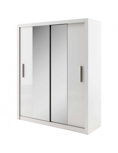 Armoire en bois clair avec 2 portes coulissantes et miroir Idea 03, Blanc mat, L180xP60xH215 cm pas chere