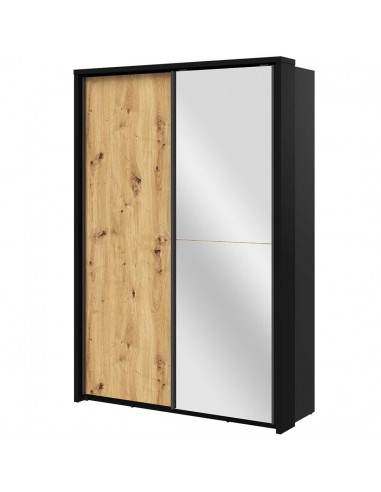 Armoire en bois clair, avec 2 portes coulissantes et miroir Arti 21, Chêne Artisan / Noir, L160xW57xH218 cm À commander