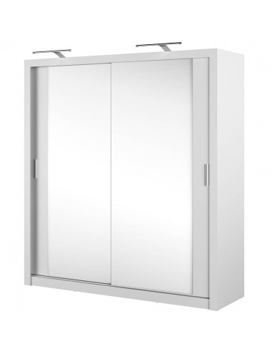 Armoire en bois clair avec 2 portes coulissantes et miroir Idea 16, Blanc mat, L200xP60xH215 cm basket pas cher