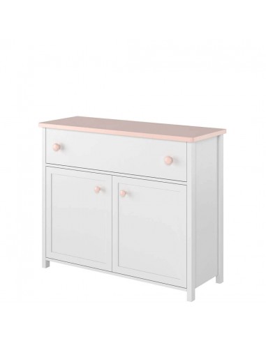 Commode en bois clair, avec 2 portes et 1 tiroir pour enfants et jeunes, Luna 05, Blanc / Rose, L110xW42xH90 cm en ligne