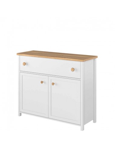 Commode en bois, avec 2 portes et 1 tiroir pour enfants et jeunes Story 05, Blanc/Chêne, l110xL42xH90 cm destockage