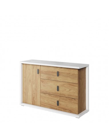 Commode en bois avec 1 porte et 3 tiroirs, pour enfants et jeunes, Simi 05, Naturel / Blanc, L135xW41xH90 cm Véritable concentré